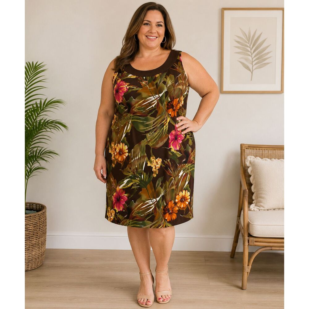 Connected Apparel 20W Brown Tropical Floral Sheath Dress Sleeveless